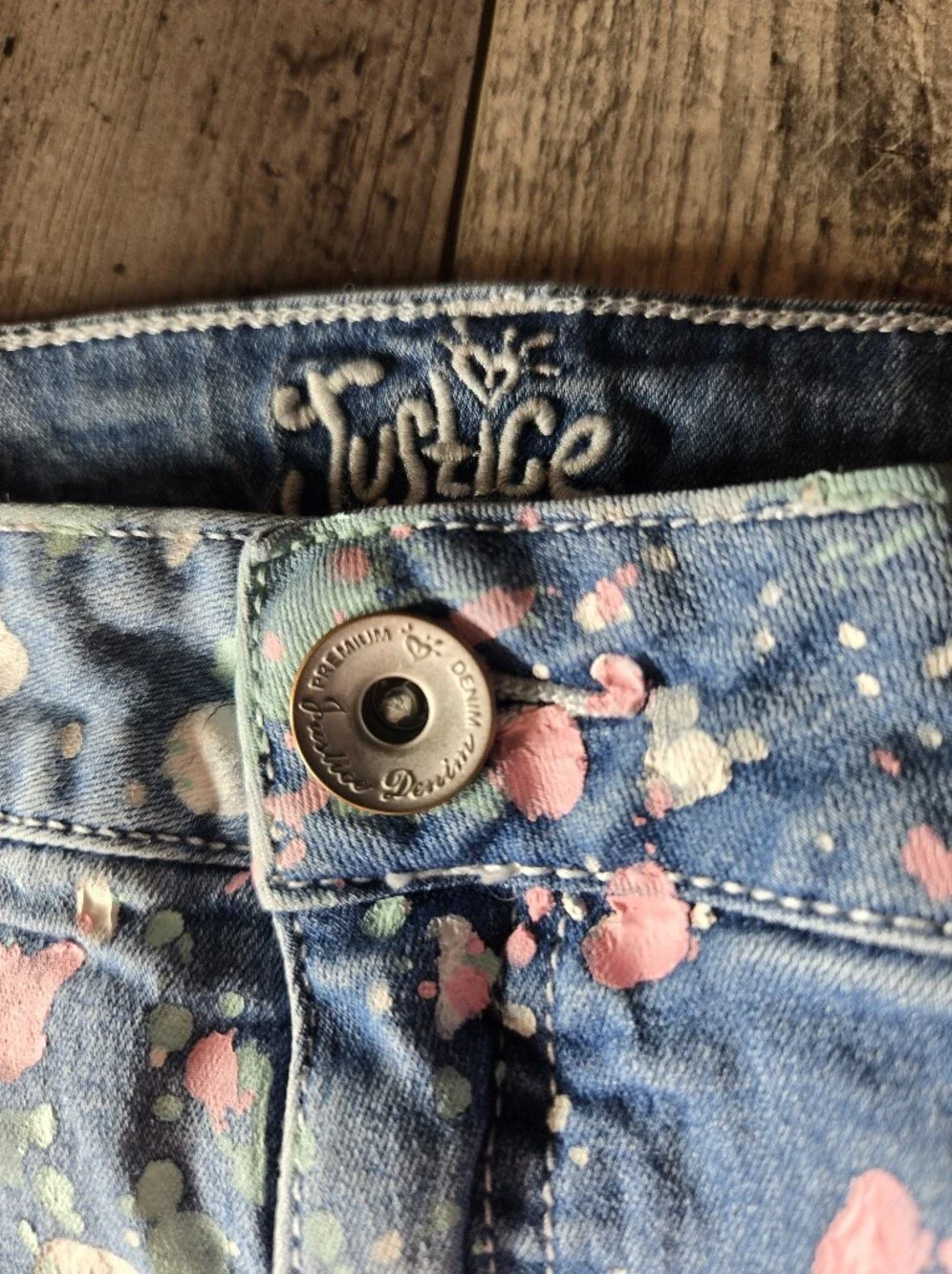 Justice Denim Upcycled Paint-Splatter Shorts in Blue with Pink & Mint Size 16R